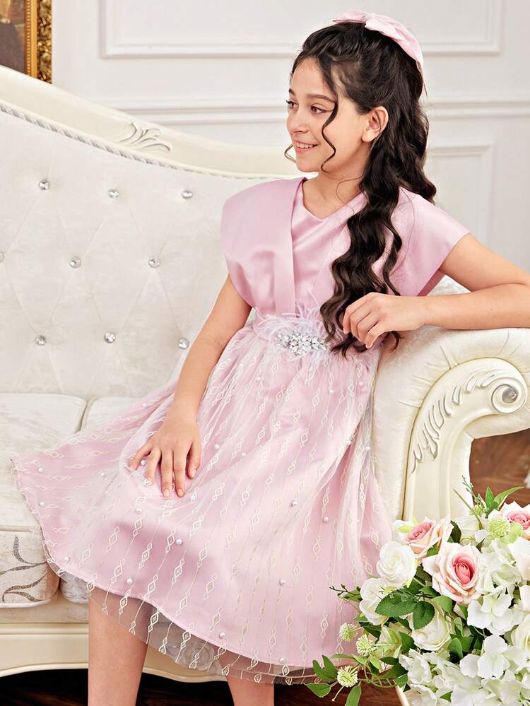 Tween Girls Sibling Coordinated Casual Mesh & Pearl Embellished Waist Tie Dress