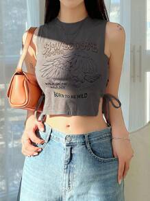 DAZY 标语图案结饰短款背心 狂野一面的超棒力量行走 充满阳光 天空才是极限 生来狂野节 - 深灰色 - 查看 3