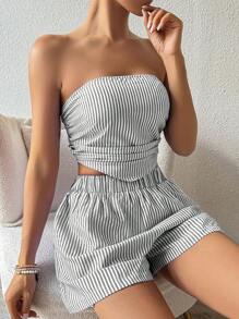 Breezaya Bộ 2 áo bandeau kẻ sọc và quần short đi nghỉ mát - Đen và trắng - Xem 6