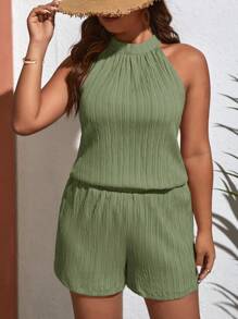 SHEIN VCAY 2pcs/Set Plus Size Sleeveless Solid Color Top And Shorts Set, Minimalist & Fashionable, Suitable For Summer,Holiday Outfits