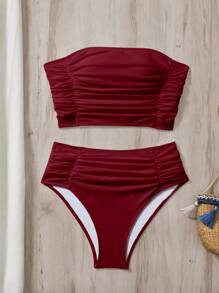 SHEIN Swim Women's Solid Color Strapless Gathered Bikini Set, Beach Summer Outfits - Burgundy - View 3