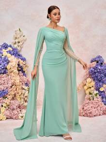 SHEIN Belle Váy dài đuôi cá xếp nếp tay lỡ đính đá Rhinestone sang trọng thanh lịch, thích hợp cho đám cưới, tiệc tùng, hẹn hò, dạ hội, váy phù dâu (người lớn) - màu xanh lá - Xem 5