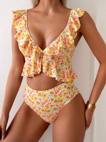 Swim Mod Women's Elegant Romantic Ditsy Floral Ruffle Swimwear Set For Summer Beach Vacation - Orange - View 5