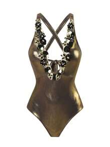 Swim Oasis 2pcs High-End Deep V-Neck Solid Color Glossy Fabric 3D Floral Decor Women Beach One-Piece Swimsuit Set For Summer Beach Vacation - Gold - View 6