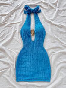 Soleia Nuevo mini vestido con textura, diseño de escote halter, espalda descubierta y cordones, con decoración de metal