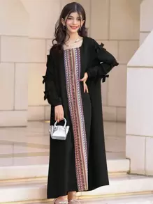 SHEIN Leap Crew Tween Girls' Loose Casual Square Neck Mixed Pattern Long Sleeve Dress - Black - View 1