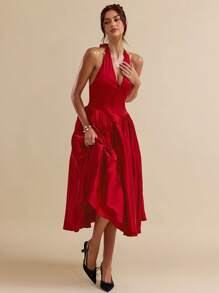 SHEIN BAE 节日优雅法式连衣裙红色连衣裙情人节约会装芭蕾舞裙甜美吊带裙情人节服装女士夏季服装//春季服装//情人节服装//海滩度假服装 - 酒紅色 - 查看 6