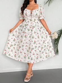 Flirla Plus Size Women Puff Sleeve Tie Waist Ditsy Floral Button Front A-Line Casual Dress, Elegant Vacation Dress - Multicolor - View 4