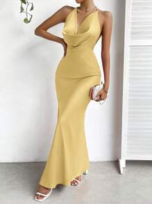 GENKIRA Đầm hở lưng hở cổ xếp nếp cổ yếm trang phục đi nghỉ cho nữ - Màu vàng - Xem 3