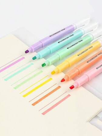 SHEIN 6-delige markeerstiften, diverse pastelkleuren beitelpunt, esthetische markeerstiftset, op waterbasis, geen doorloop voor dagboek, bijbel, planner, notities, volwassenen, kinderen, studenten, kantoor, schoolbenodigdheden (6 coole kleuren) Terug naar school