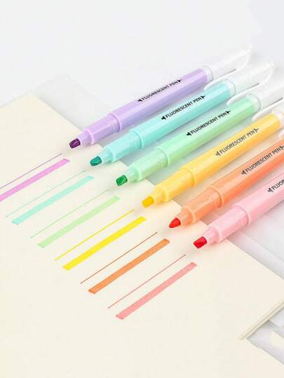 SHEIN 6pcs Highlighters Pen, Assorted Pastel Colors Chisel Tip, Aesthetic Highlighter Marker Set, Water Based, No Bleed For Journal Bible Planner Notes Adults Kids Students Office School Supplies( 6 Cool Color) Back To School