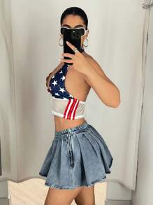 SHEIN ICON Váy mini denim ngắn thường ngày xếp ly cạp thấp cho nữ - Rửa trung bình - Xem 4