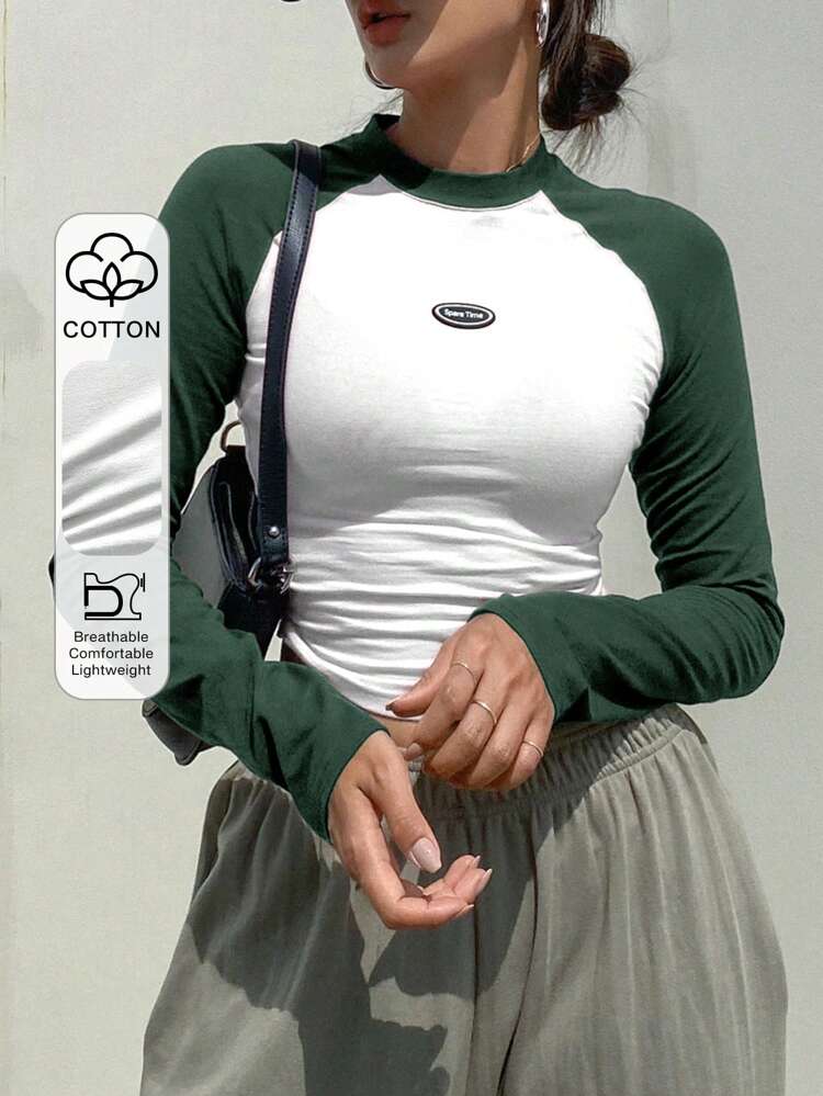 Women's Contrast Shoulder Long Sleeve Casual T-Shirt With Applique Letter