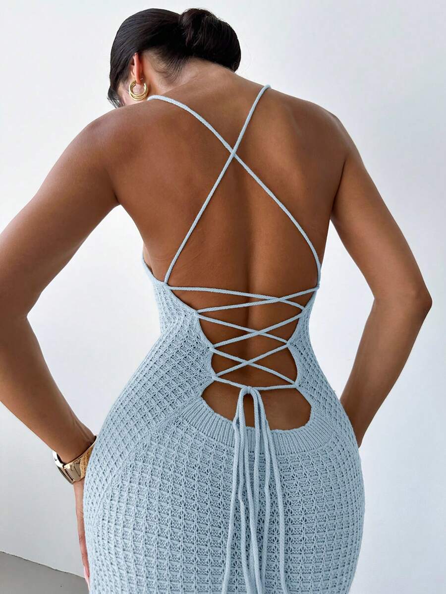 Firerie Women Elegant Minimalist Sexy Criss-Cross Open Back Slit Bodycon Midi Knit Slip Dress, Suitable For Daily Wear