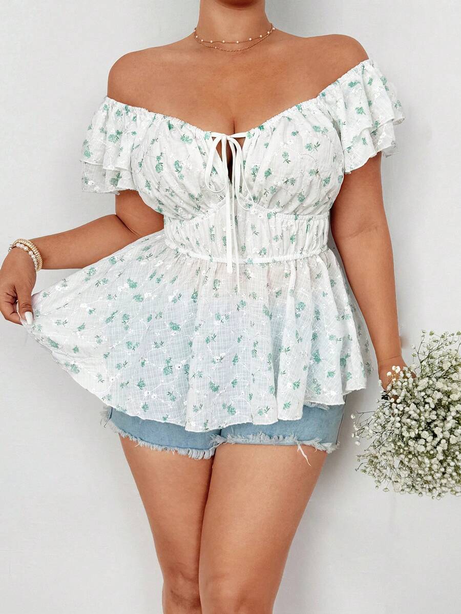 Flirla 大码系带结饰盖袖上衣，碎花图案