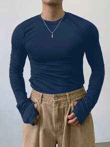 DAZY 男士纯色圆领长袖休闲修身T恤，秋季商务着装 - 藏蓝色 - 查看 7