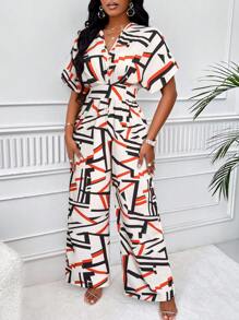 SOLERSUN Women's Geometric Print V-Neck Batwing Sleeve Casual Jumpsuit (Printed Pattern Random) - Multicolor - View 5