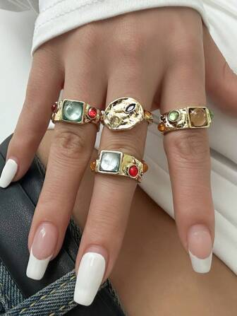 Fairycore 4pcs Vintage Luxurious Multicolor Crystal Rhinestone Ring Set