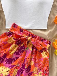Soleia Conjunto de 2 piezas para mujer de camiseta sin mangas con borde de concha bordada de flores tropicales y pantalones cortos informales de cintura elástica con volantes y bolsillo, estampado floral colorido, para vacaciones de primavera y verano, conjunto de tarde de té