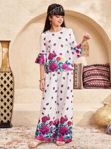 SHEIN Tween Girl Loose Casual Round Neck Ruffle Hem Floral Rose Print Top And Pants 2 Pieces Set, Spring/Summer