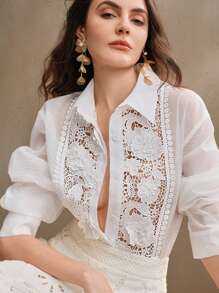 Anewsta Áo sơ mi nữ dài tay cổ khoét rỗng, màu trơn, thanh lịch, lãng mạn, viền ren hoa, thích hợp cho mùa xuân và mùa hè. - trắng - Xem 1