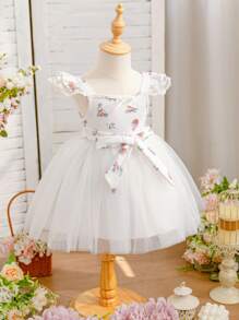 SHEIN Glamorique Kids Vestido de fiesta de manga de tul con estampado floral de rosa para niña bebé