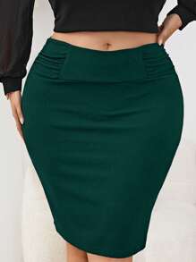 SHEIN Tall CURVE Plus Size Solid Color Pleated High Waist Bodycon Green Skirt - Dark Green - View 4