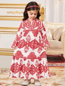 SHEIN Young Girl Loose Casual Mid-Length Geometric Pattern Dress - Red - View 5