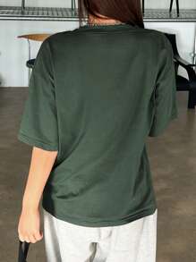 DAZY Letter Embroidery Drop Shoulder Tee - Dark Green - View 2