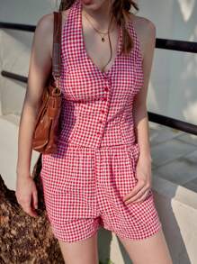 2 件套女士春季格纹单排扣吊带上衣和短裤休闲套装