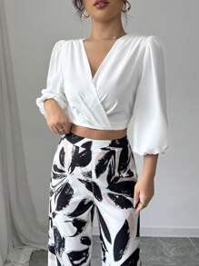 Elenzga Conjunto de blusa de manga abombada elegante y romántica para vacaciones y pantalones anchos de pierna con estampado floral para mujer - Blanco - Ver 6