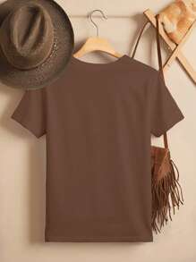 EMERY ROSE Plus Size Women Cowboy Boots & Hat Letter Pattern Printed T-Shirt Casual Short Sleeve Round Neck Top Graphic Tees Women Tops - Coffee Brown - View 2