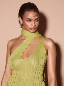 KIZN Vestido mini de punto con lurex de diseñador, con detalle de pañuelo en un solo hombro, para fiesta, noche de club, vacaciones, Año Nuevo, vestido con brillo metálico llamativo - verde menta - Ver 5