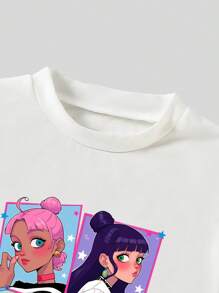 SHEIN Young Girl Cartoon Print Short Sleeve Top And Drawstring Cargo Pants 2 Pieces Set - Purple - View 3