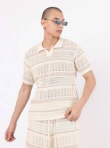 SUMWON Luxury Crochet Pattern Polo Co-Ord Set Knitted Short Sleeve Summer Beach Resort Wear Designer Two-Piece Leisure Outfit Vacation Holiday Casual Wear - Apricot - View 3