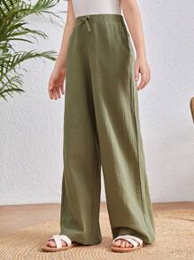 SHEIN Tween Girls' Solid Ribbon Tie Straight Leg Pants - Army Green - View 5
