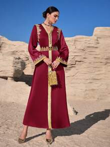 Al Najma Women's Elegant Woven Ribbon Decor Arabic Style Dress - Burgundy - View 4
