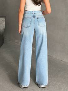 SHEIN Cottnline 休闲蓝色口袋低腰牛仔阔腿裤春季 - 中等水洗藍 - 查看 2