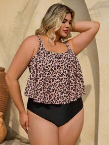 SHEIN CURVE+ 大码女式豹纹荷叶边连体泳衣，性感海滩度假休闲连体泳衣