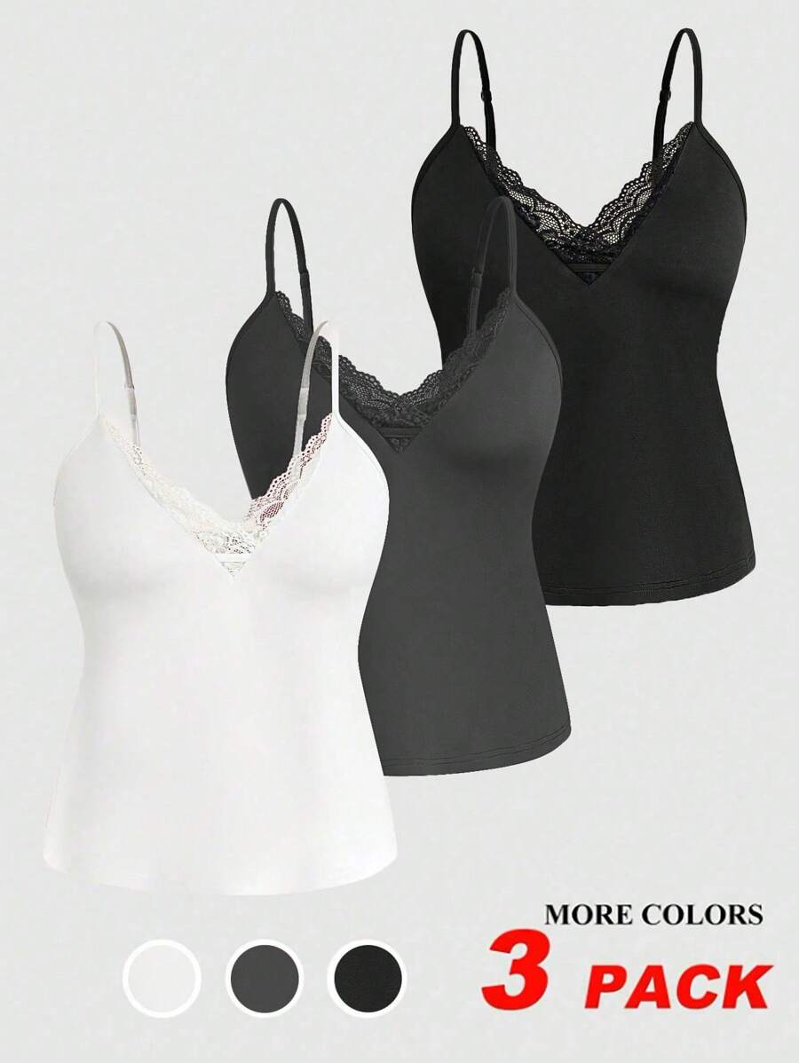 SHEIN Unity Plus Size Women Plain Color Contrast Lace Camisole - Multicolor - View 1