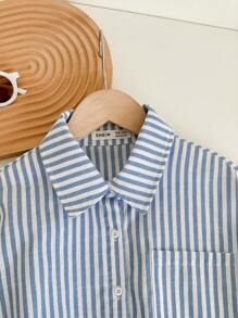 SHEIN LMoss Kids Tween Girls' Casual Turndown Collar Patch Pocket Loose Striped Cropped Short Sleeve Blouse - Blue - View 6