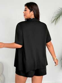 Flirla Plus Size Women Solid Collarless Short Sleeve Jacket And Shorts Casual Suit Set - Black - View 2