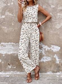 SHEIN LUNE 女士优雅度假豹纹露背无袖连体裤，抽绳腰带，休闲款 - 彩色 - 查看 1