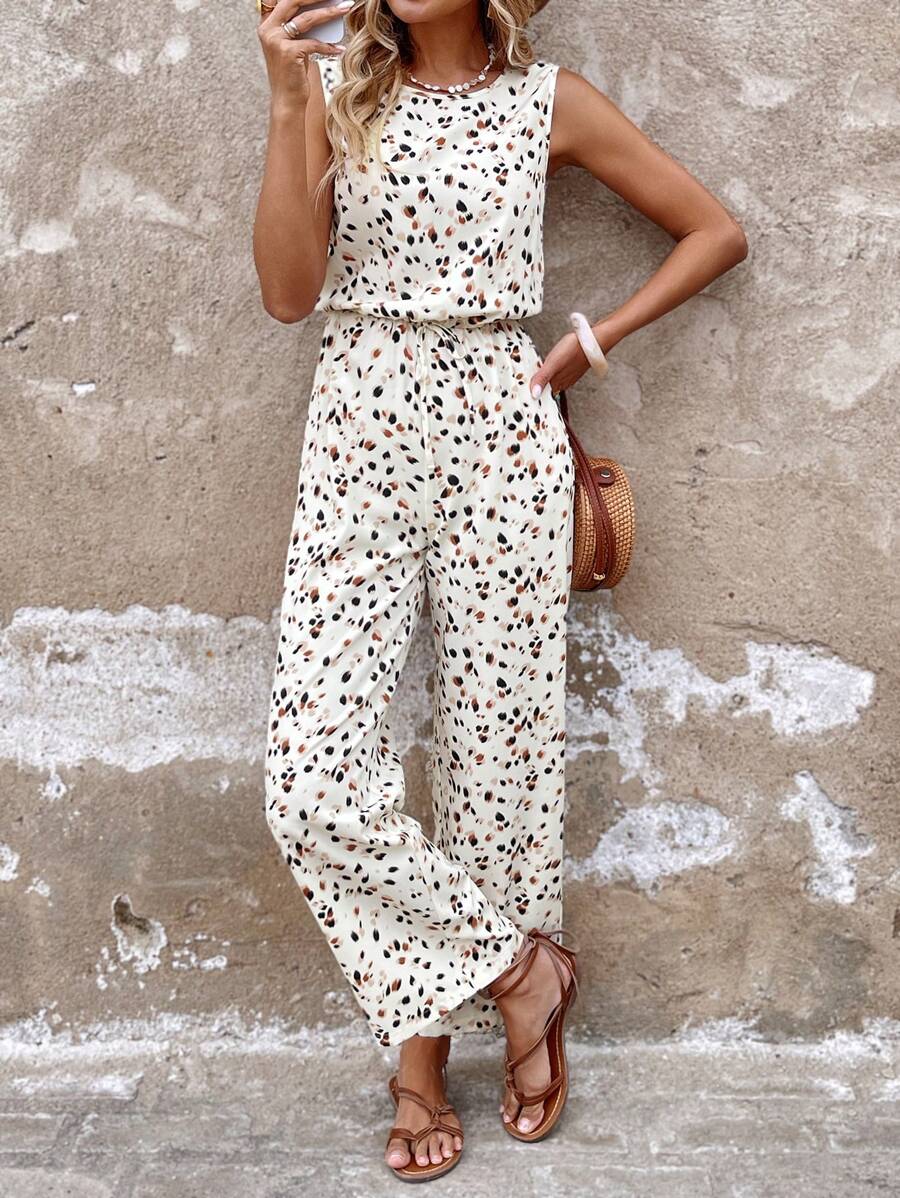 SHEIN LUNE 女士优雅度假豹纹露背无袖连体裤，抽绳腰带，休闲款 - 彩色 - 查看 1