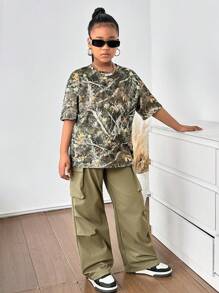 2 件套 Tween 女童迷彩宽松短袖 T 恤和工装裤套装 - 軍綠色 - 查看 5