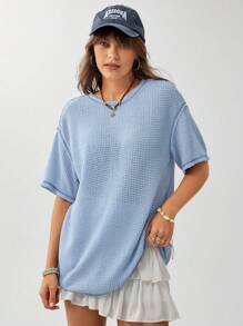 Wildy Ropa informal de verano estilo occidental bohemio para mujeres, atuendo para conciertos de country, camiseta azul casual de corte holgado con dobladillo deshilachado para mujeres