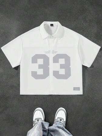 Manfinity Campus Court 男士短袖网眼拼布数字印花衬衫，男士短款衬衫