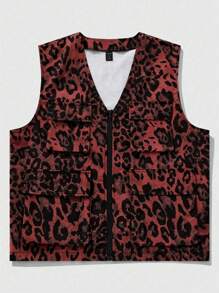 ROMWE MEN Street Life Men's Leopard Print V-Neck Multi-Pocket Zipper Closure Vest - Red - View 1
