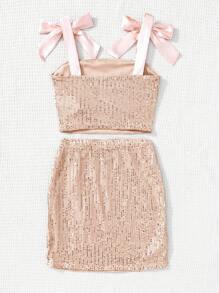 SHEIN Tween Girls' Glamorous Mesh Sequins Embroidery Camisole And Mini Skirt Set