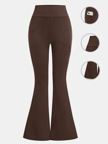 SHEIN Pantalones de yoga con campana para niñas preadolescentes, de cintura alta, ajuste ceñido, elásticos, casuales y versátiles con bolsillo parche